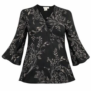 Fred David Shirt Blouse Women's Small Black Floral Bell Sleeve Top Chiffon Boho
